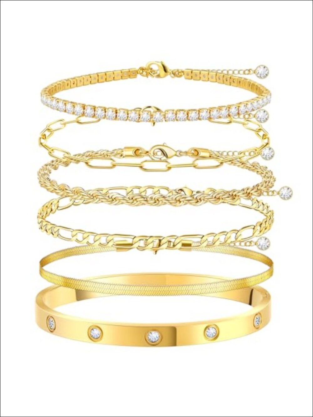 18K Gold Plated Stackable Bracelet Set Waterproof Non Tarnish Cuban Link